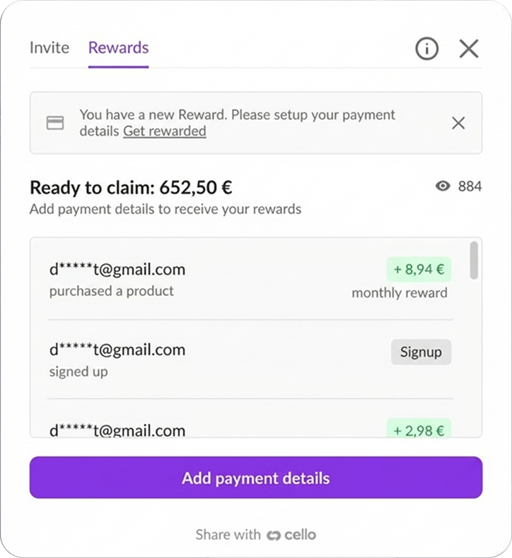 Real affiliate rewards popup showing 652.50 EUR ready to claim